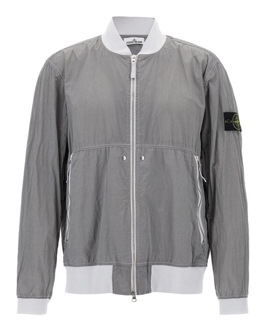 Stone Island Gray Wrinkled Nylon Bomber Jacket With Side Logo for men