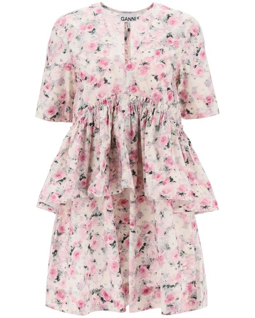 Ganni Organic Cotton Founce Mini Dress in het Pink