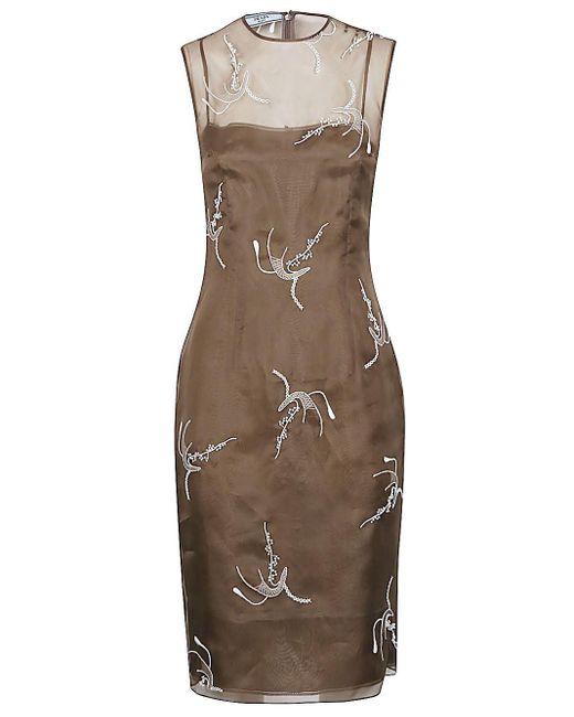 Prada Geborduurde Zijden Jurk in het Brown