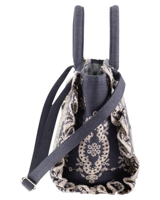 Mc2 Saint Barth Blue Cotton Canvas Tote Bag With Floral Embroidery And Ruffles