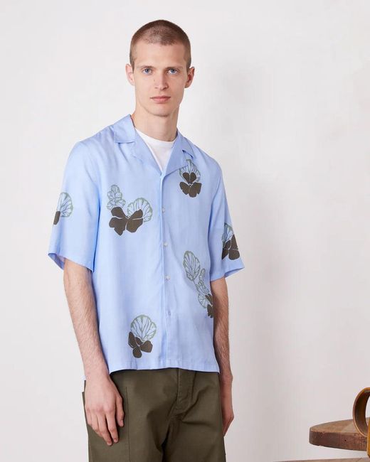 Officine Generale Blue Floral Print Camp Shirt With Quarter Sleeves for men