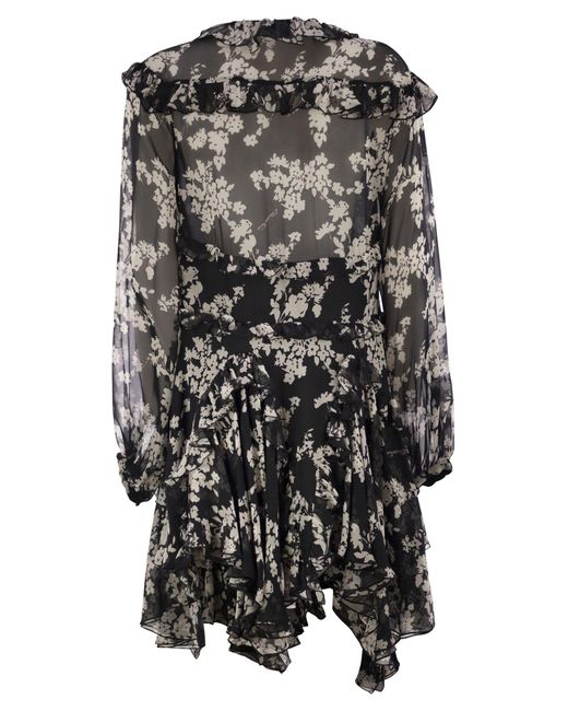 Elisabetta Franchi Black Printed Silk Voile Dress With Ruffles