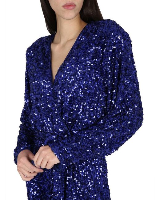 ROTATE BIRGER CHRISTENSEN Blue Deep V-Neck Sequined Evening Dress With Adjustable Belt