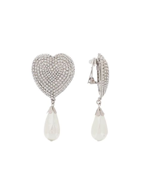Alessandra Rich White Heart Crystal Ohrringe mit Perlen