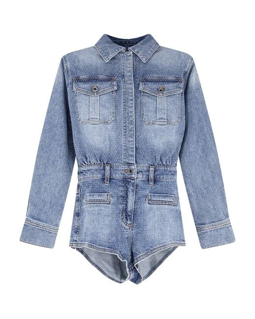 Self-Portrait Blue Rhinestone Denim Playsuit
