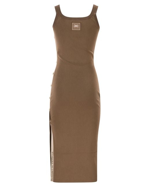 Elisabetta Franchi Brown Knitted Dress With Shiny Viscose Bands