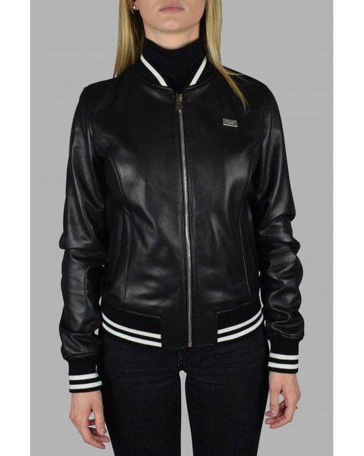 Philipp Plein Black Leather Bomber Jacket With Heart