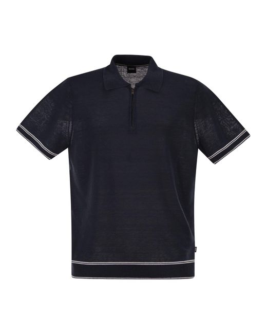 Boss Blue Linen And Viscose Polo Shirt With Zip And Contrast Trims