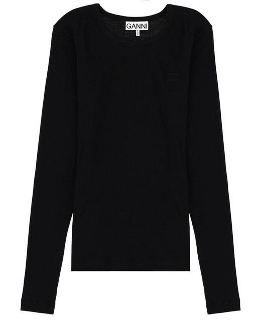 Ganni Black Solid Round Neck Top