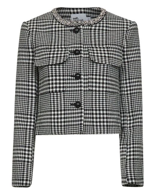 Self-Portrait Black Houndstooth Crystal Trim Jacket