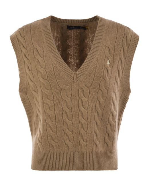 Polo Ralph Lauren Brown Wolle und Kaschmir -Kabel -Strickweste