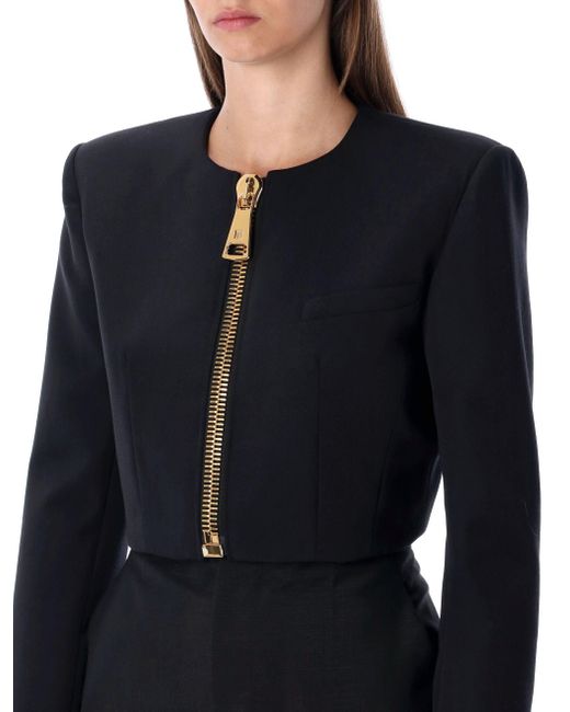 Balmain Blue Cropped Wool Jacket With Zip