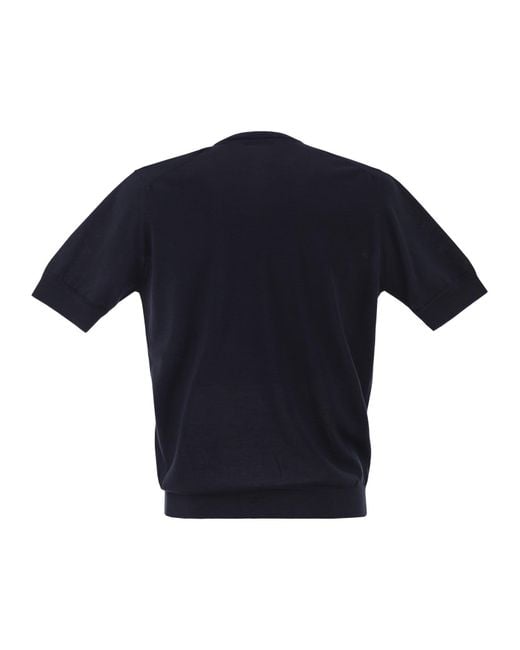 PT Torino Blue Cotton Knit T Shirt With Ribbed Finishes