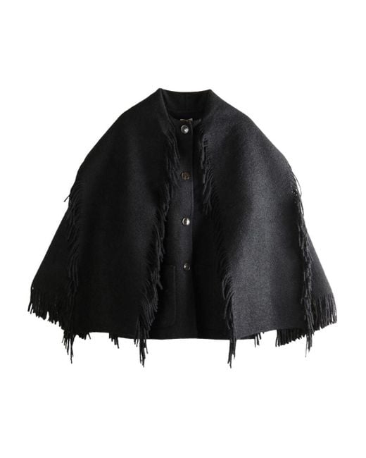 Totême  Black Fringed Scarf Wool Coat