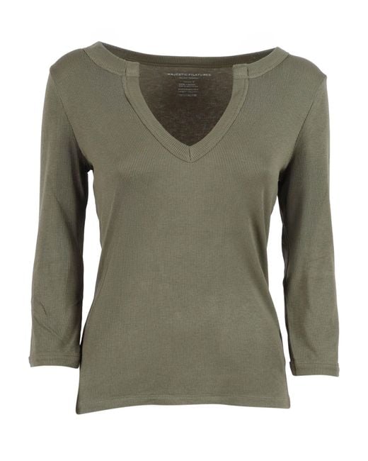 Filatures Du Lion Green V Neck T-Shirt, 3-4 Sleeve Viscose Elastane Short Sleeves T-Shirt