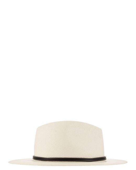 Brunello Cucinelli White Straw Fedora With Leather Band And Necklace