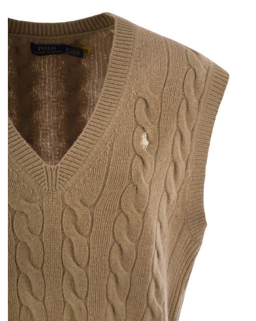 Polo Ralph Lauren Brown Wolle und Kaschmir -Kabel -Strickweste