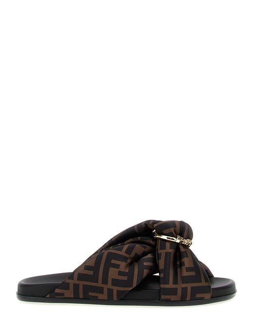 Fendi Black Printed Satin Fell Slippers