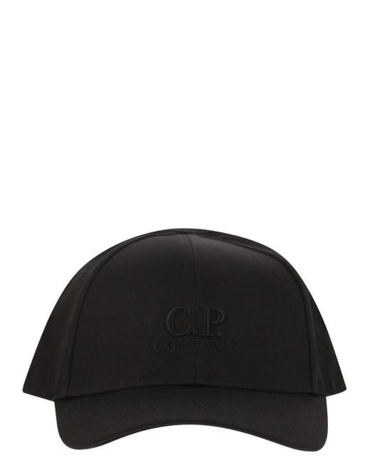 C P Company Black Hat With Visor And Embroidered Logo for men