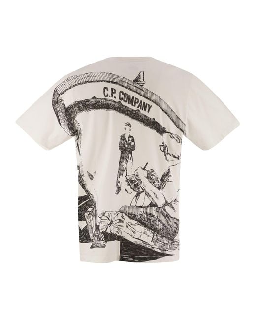 C P Company White Cotton T-Shirt With Print On The Back for men