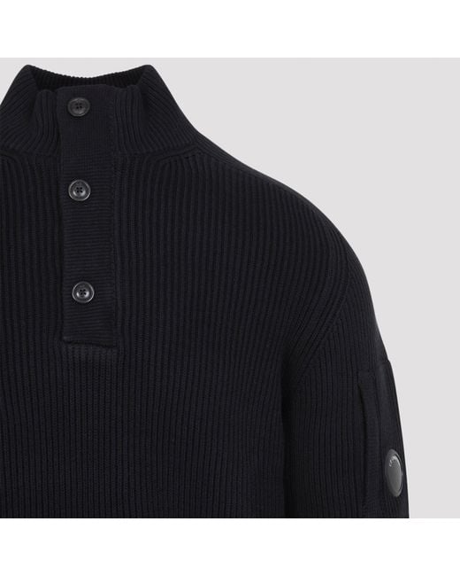 C P Company Blue Full Rib Half-Button Crewneck Sweater for men
