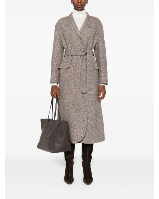 Brunello Cucinelli Gray Wool Belted Coat