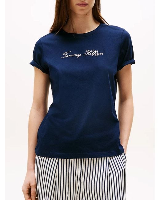 Tommy Hilfiger Blue T Shirt Con Logo Ricamato