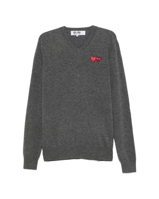COMME DES GARÇONS PLAY Gray Heart-Patch V-Neck Sweater