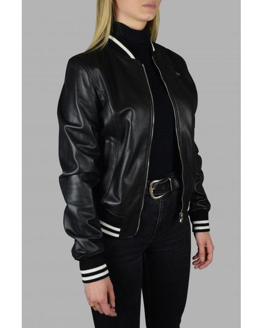 Philipp Plein Black Leather Bomber Jacket With Heart