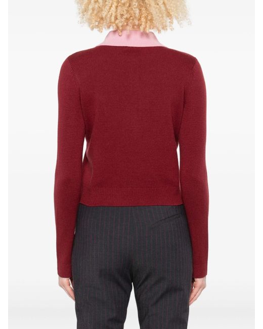 Self-Portrait Red Burgundy Contrast Collar Knit Top