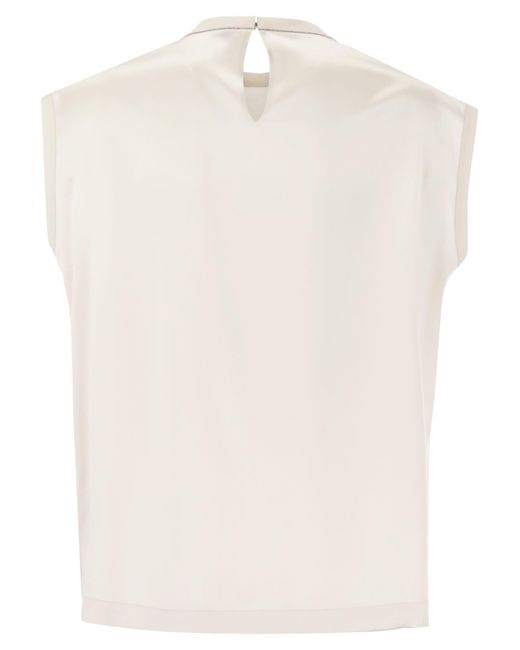 Brunello Cucinelli White Silk T -Shirt mit Monili -Details