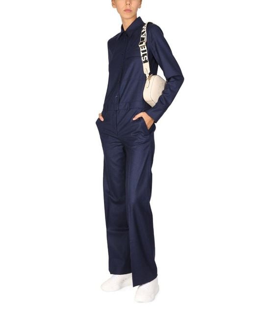 Stella McCartney Blue Solid Shirt Collar Jumpsuit