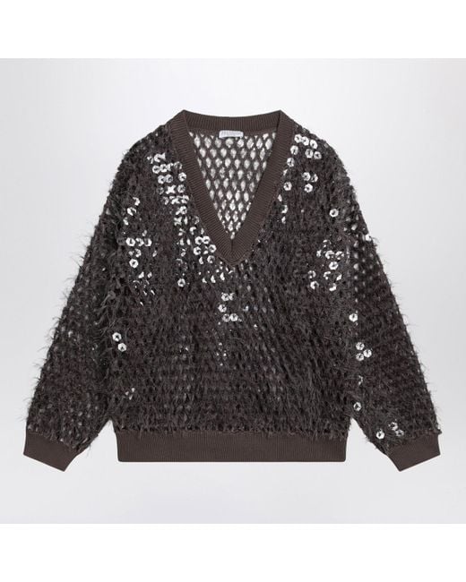 Brunello Cucinelli Black Chocolate Mesh Top With Sequins