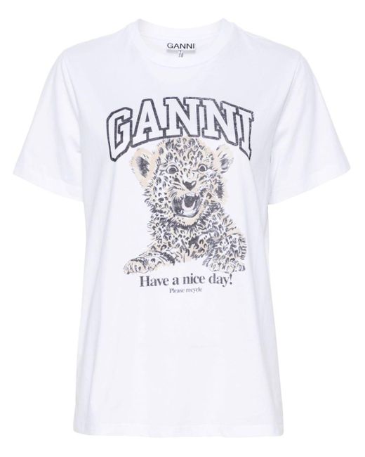 Ganni Jersey T-Shirt Met Luipaardprint in het White