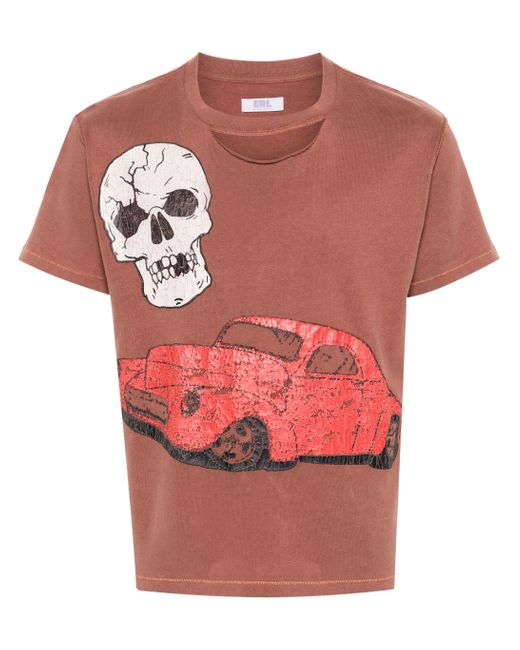 ERL Pink Unisex zerrissene Kragenschädel rotes Auto T -Shirt -Strick
