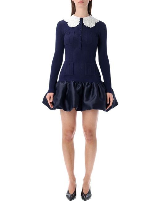 Self-Portrait Blue Knit And Taffeta Mini Dress