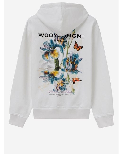 Wooyoungmi White Cotton Hoodie With Drawstring Hood And Floral Graphic for men