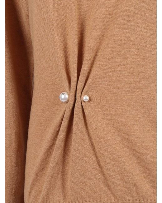 Alberta Ferretti Brown Gathered Cashmere Sweater With Decorative Pearl Accents