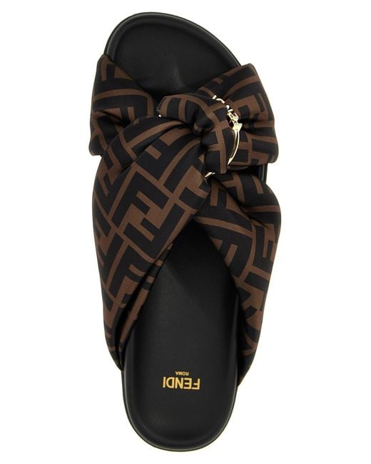 Fendi Black Printed Satin Fell Slippers