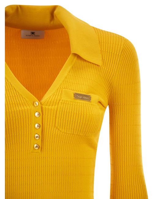 Elisabetta Franchi Yellow Micro Cable Knit Polo Shirt