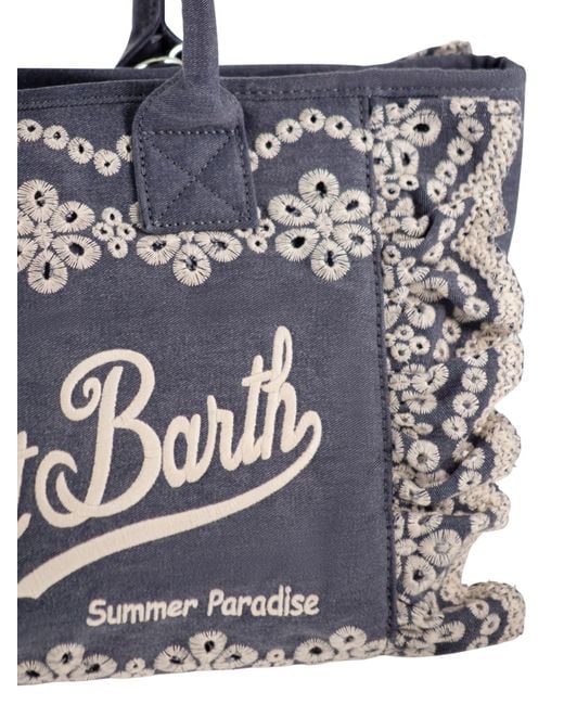 Mc2 Saint Barth Blue Cotton Canvas Tote Bag With Floral Embroidery And Ruffles