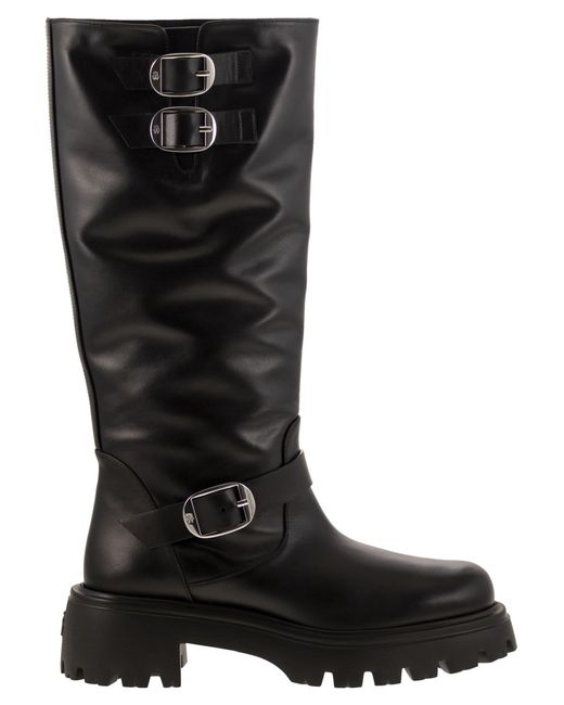 Stuart Weitzman Black Structured Knee-High Moto Leather Boots for men
