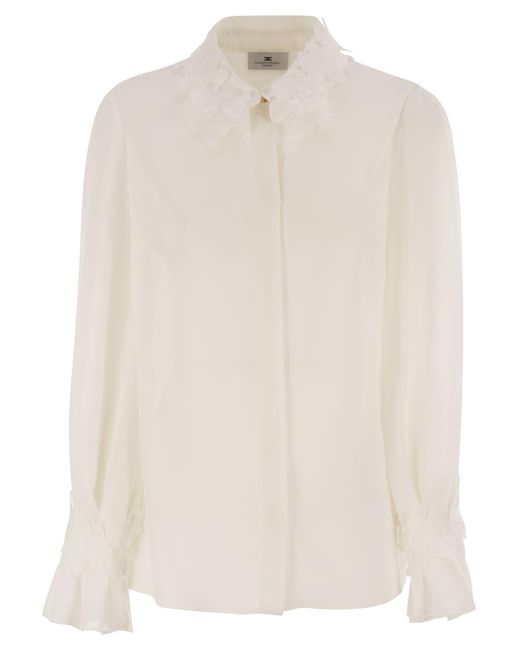Elisabetta Franchi White Georgette Shirt With Floral Embroidery
