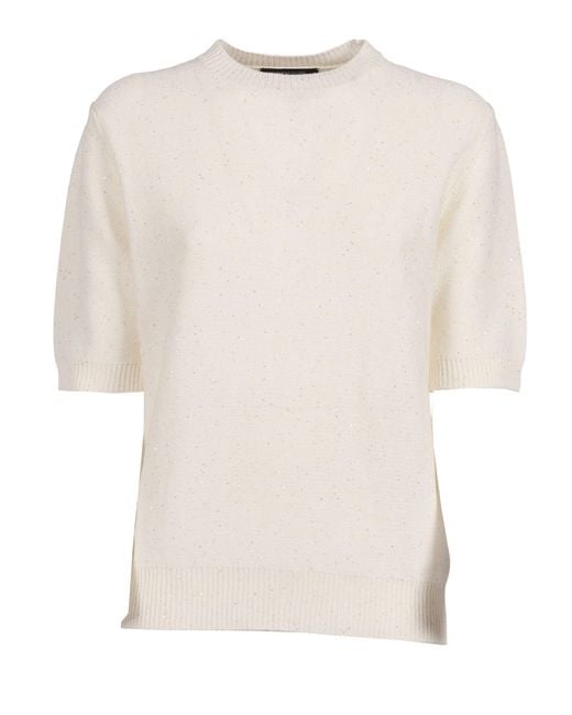 Fabiana Filippi White Sequin Short Sleeve Crew Neck Sweater
