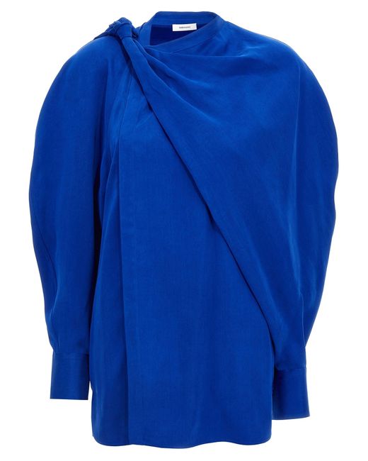 Ferragamo Blue Draped Asymmetric Shirt With Korean Collar