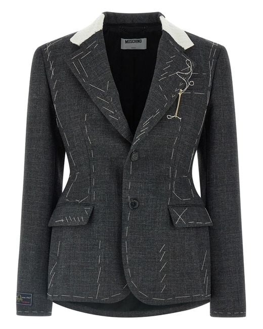 Moschino Black Embroidered Canvas Blazer