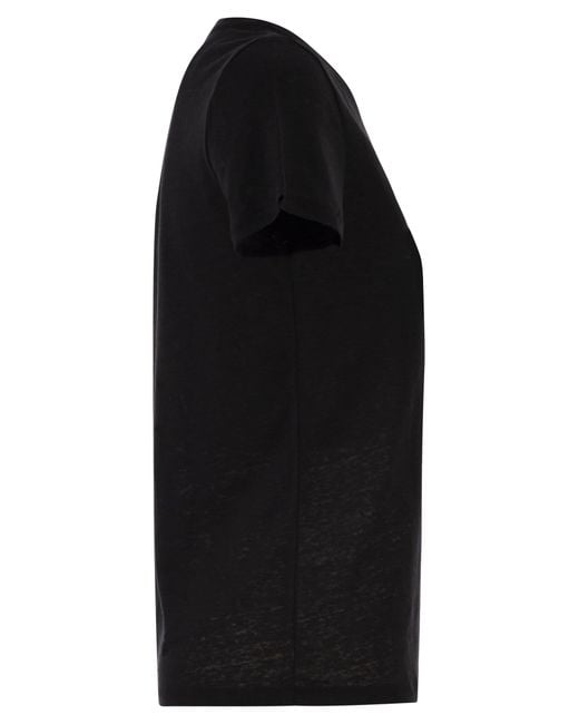 Majestic Black Stretch Linen T Shirt With Round Neckline