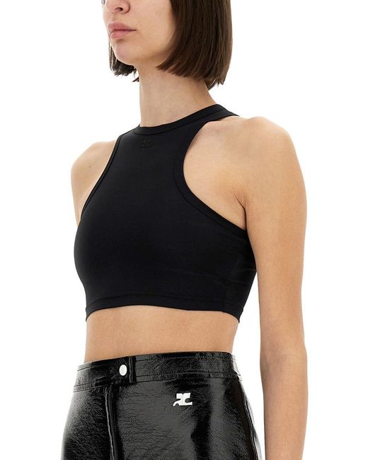 Courreges Black Fitted Crop Top With High Neckline