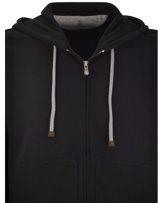 Brunello Cucinelli Black Techno Cotton Interlock Zip-front Hooded Sweatshirt for men