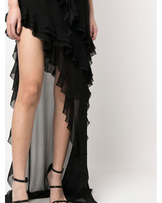 Alessandra Rich Black Ruffles Detail Silk Georgette Evening Dress